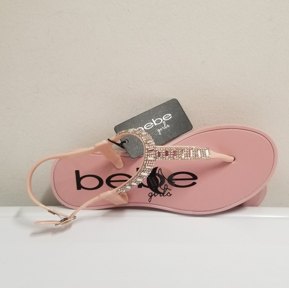 Bebe Girl's Blush T-Strap Slingback Sandals with Sparkly Rhinestones L 2-3 - Picture 7 of 11